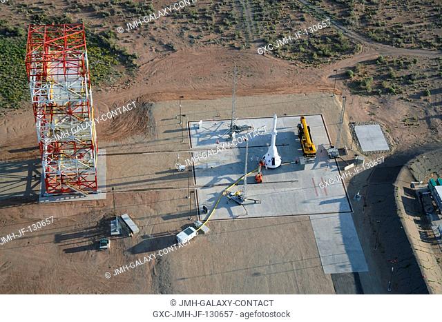 An aerial view shows the launch abort system for the Pad Abort-1 (PA-1) flight test on the launch pad (on the right) for the test at the U.S