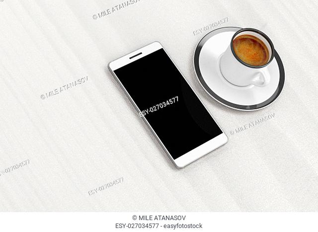 Smartphone and coffee cup on table, top view
