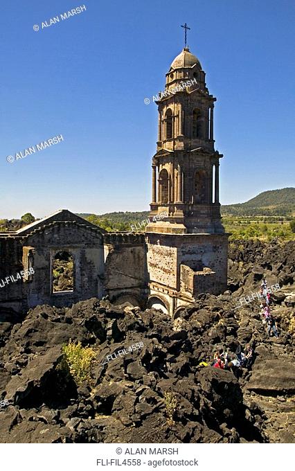 Church of San Juan Parangaricutiro, built in 1618, buried by lava flow from  Paricutin Volcano in..., Stock Photo, Picture And Rights Managed Image.  Pic. AAM-AAES47104 | agefotostock