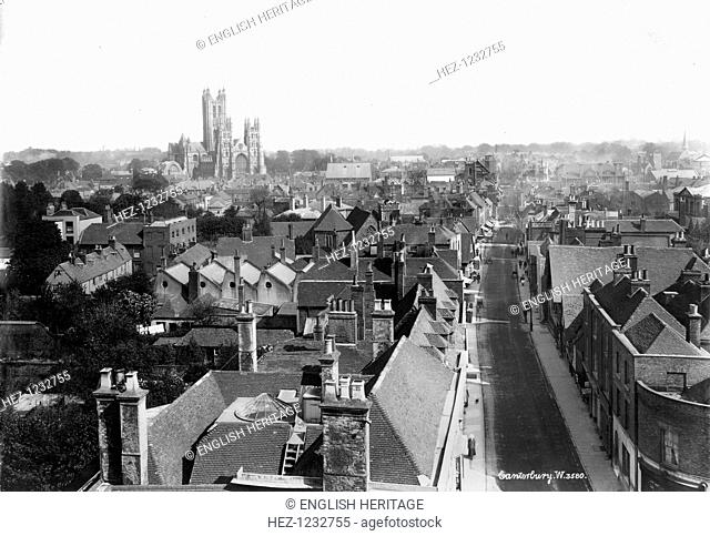 Canterbury, Kent, 1890-1910. A view looking across the rooftops towards Canterbury Cathedral. The Cathedral was built in 1070 with many alterations and...