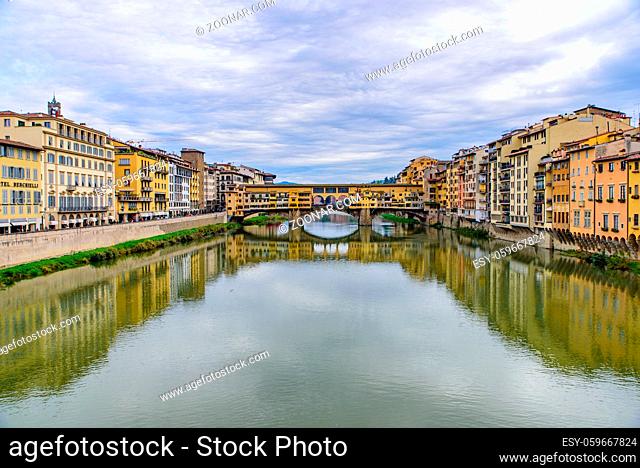 Ponte Vecchio (Old Bridge), a medieval stone bridge with shops on it, Florence, Italy