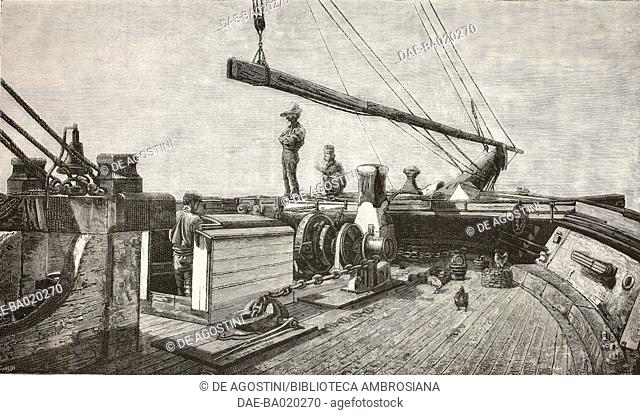 Bow, sailors on the deck of a ship, engraving from a painting by Alfredo Luxoro (1859-1918) presented at the National exhibition of Fine Arts in Turin
