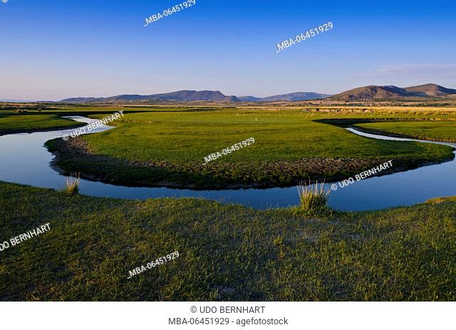 Mongolia, Central Asia, camp in the steppe scenery of Gurvanbulag, river bend