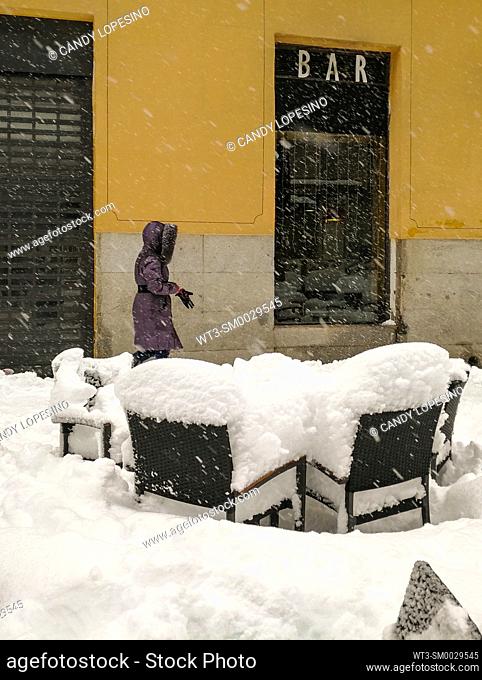 January 9, 2021, terrace of a bar near Opera square after Storm Filomena brought intense snow, MADRID, SPAIN, EUROPE