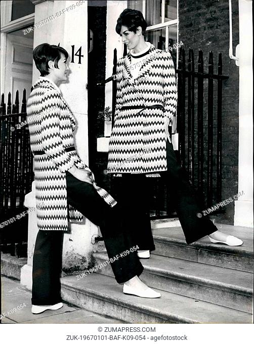 Jan. 01, 1967 - Hardy Am-es Fashion Show. (L. to R.) Two models wearing Flotilla, a coat in navy, yellow and white herringbone cotton; trouser in navy wool...