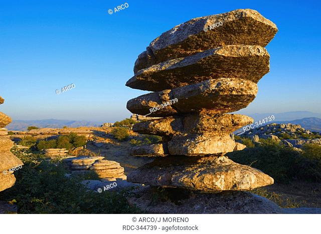 Karst pillar of slabs of rock, El Torcal, Paraje Natural Torcal de Antequera, natural reserve, Province of Malaga, Andalusia, Spain