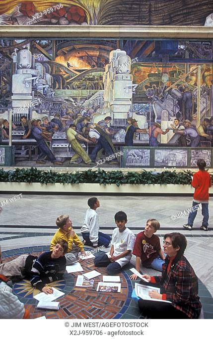 Detroit, Michigan - Students from Okemos, Michigan study Diego Rivera's 'Detroit Industry' murals at the Detroit Institute of Arts  The famous Mexican muralist...