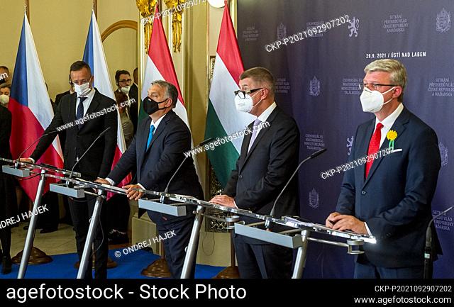 (L-R) Hungary's Foreign Minister Peter Szijjarto, Hungary's Prime Minister Viktor Orban, Czech Republic's Prime Minister Andrej Babis and Czech Industry and...