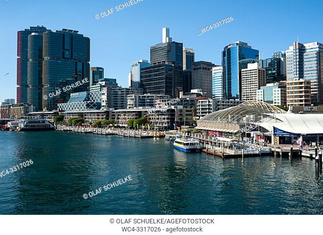 Sydney, New South Wales, Australia - A view of Darling Harbour and the city skyline of the central business district in Barangaroo