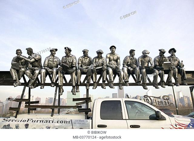 USA, New York city, Manhattan, Sculpture ' Iron Workers'   America, North America, city, metropolis, district,  Pick-up, vehicle, construction, sculptures