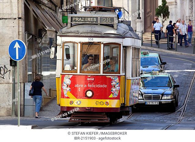 Historic tram route, Electrico 28, in the historic quarter of Alfama in Lisbon, Portugal, Europe
