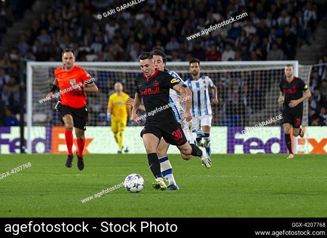 Oscar Gloukh of Salzburg FC in action during the UEFA Champions League match between Real Sociedad and Salzburg FC at Reale Arena. Donostia (Spain)