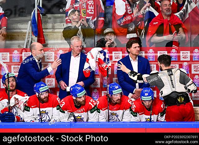 From left Czech Fredrik Norrena, video-coach, Kari Jalonen, head coach, Martin Erat, coach assistant, Michael Spacek in action during the IIHF Ice Hockey World...