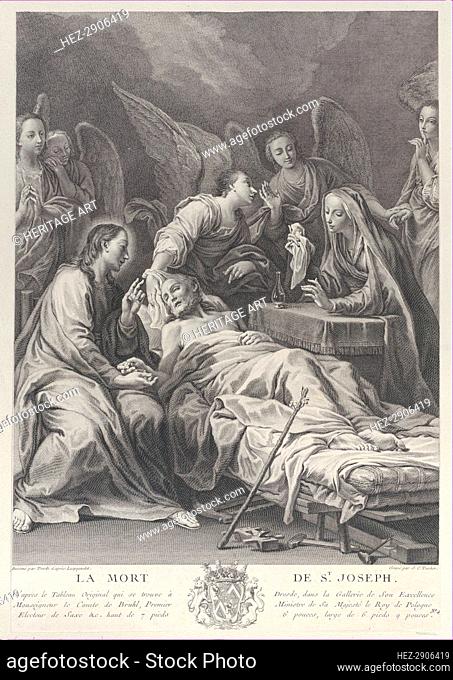 The death of Saint Joseph, lying on a bed, with Jesus, the Virgin Mary, and angels at h.., 1740-50. Creator: Johann Christian Teucher