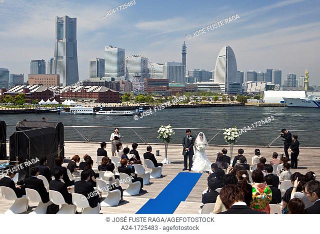Japan , Yokohama City, wedding ceremony and Yokohama skyline