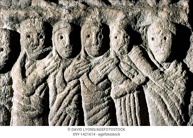 Detail of carved stone Anglo Saxon sarcophagus lid found in crypt of St  Mary's Church, Wirksworth village, Derbyshire, England