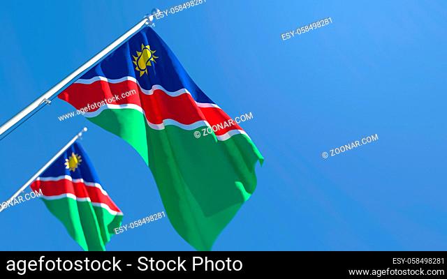 3D rendering of the national flag of Namibia waving in the wind against a blue sky