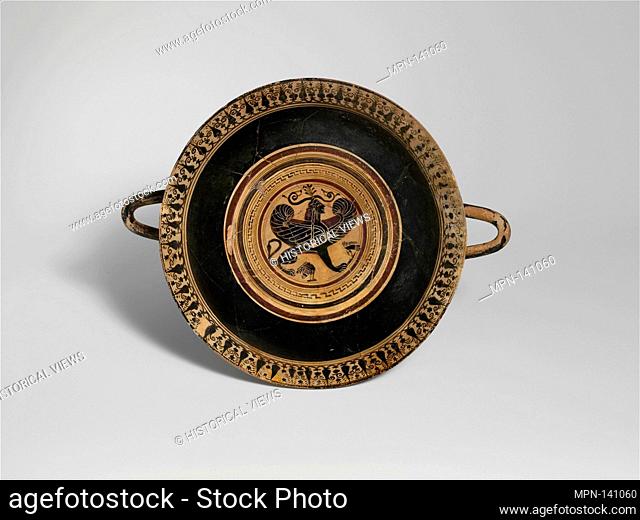 Terracotta kylix (drinking cup). Period: Archaic; Date: 6th century B.C; Culture: Greek, Laconian; Medium: Terracotta; black-figure; Dimensions: H