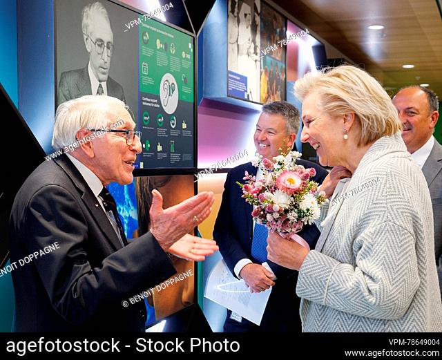 Princess Astrid of Belgium, Walloon Vice-Minister President Willy Borsus and are welcomed by Emeritus Professor and inventor of the cochlear implant
