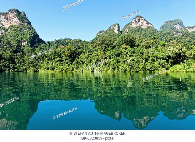 Forested karst limestone mountains with jungle vegetation reflected in the water, Rachabrapha reservoir, Chiao Lan Lake, Khao Sok National Park