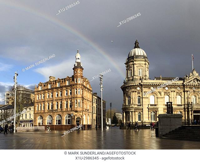 Rainbow over Queen Victoria Square in Hull Yorkshire England