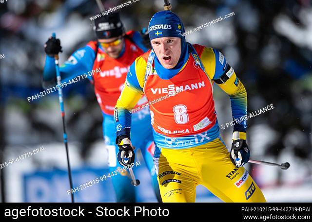 14 February 2021, Slovenia, Pokljuka: Biathlon: World Cup/World Championships, Pursuit 12.5 km, men. Sebastian Samuelsson from Sweden in action