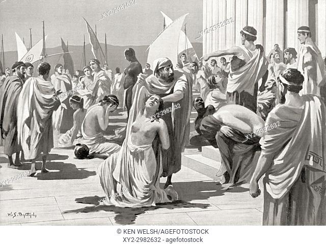 The Greek slave market at Phanagoria. After the painting by W. S. Bagdatopoulus, (1888-1965). From Hutchinson's History of the Nations, published 1915