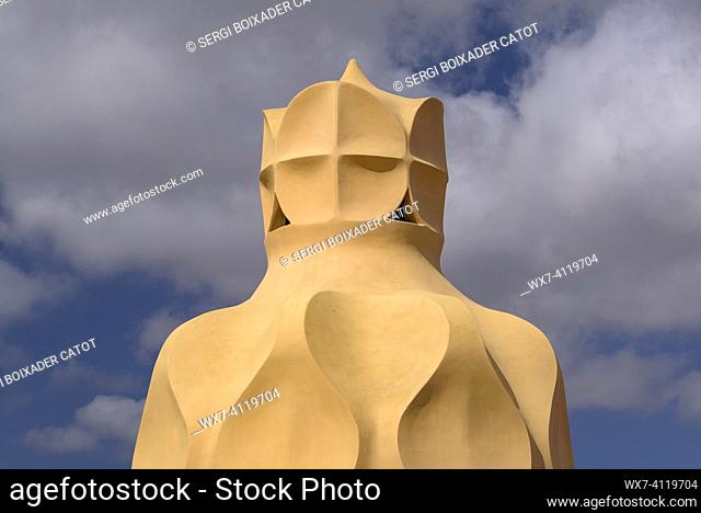 Stairwell topped with curved shapes and the 4-armed cross designed by Gaudí on the roof terrace of Casa Milá  - La Pedrera (Barcelona, Milá Catalonia, Spain)