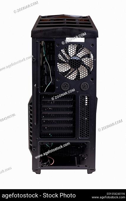 back view of empty desktop computer tower case isolated on white background for new modern mainboard with processors 9th generation