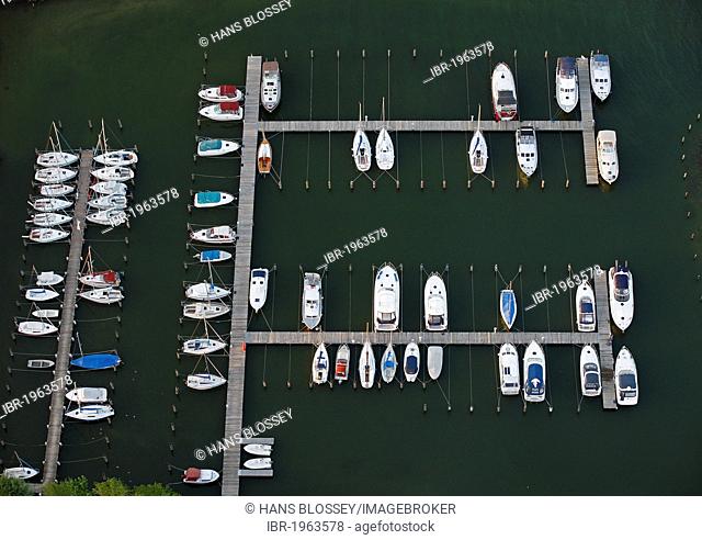 Aerial view, piers at the Schloss Klink castle and hotel, Mueritz county, Mecklenburg-Western Pomerania, Germany, Europe