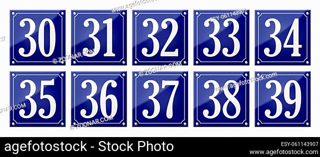 Set of traditional blue enamel signs - Numbers 30- 39