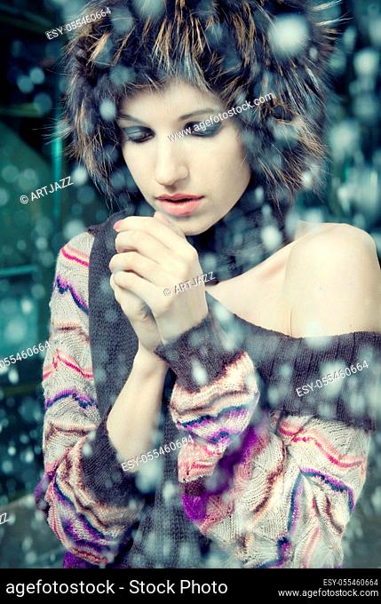 young woman, winter, snow