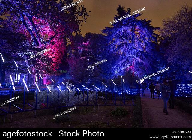 People enjoy the light show ‘Naturaleza Encendida’ Opening Exhibition at Royal Botanic Garden on November 2, 2021 in Madrid, Spain
