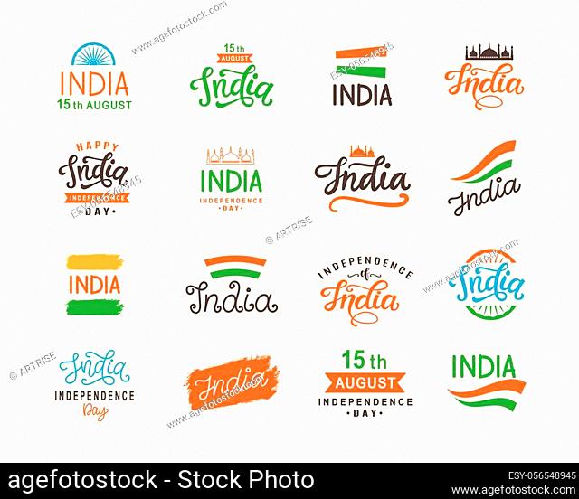 India independence day. Handmade lettering logo templates big set. Hand written calligraphy. 15th August badge, emblem, sticker label
