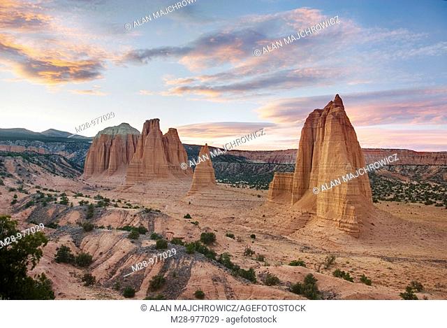 Sandstone Monoliths of the Upper Cathedral Valley at sunset, Capitol Reef National Park Utah