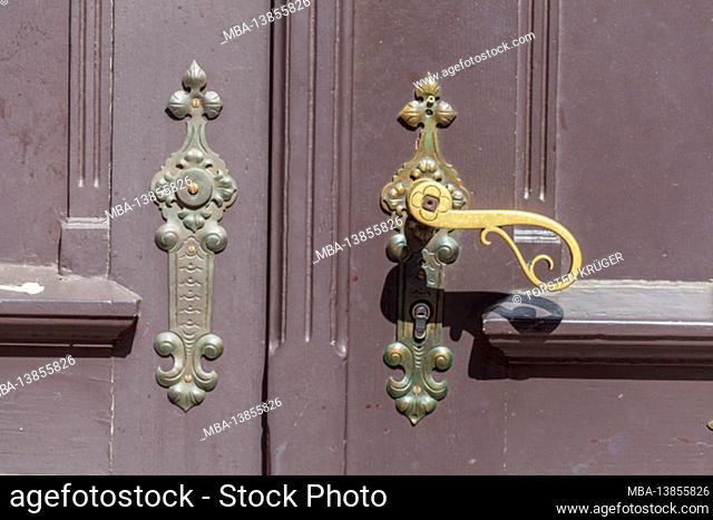 Door handle, historic Kerkhoffhaus, Rostock, Mecklenburg-Western Pomerania, Germany, Europe