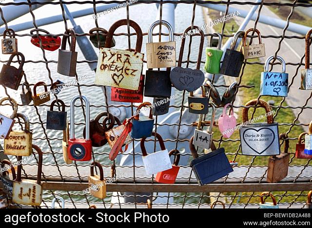 The Kladka Bernatka- bridge of love with love padlocks in Krakow, Poland