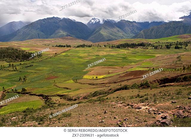 Landscape in the Sacred Valley near Cuzco. The Sacred Valley of the Incas or the Urubamba Valley is a valley in the Andes of Peru