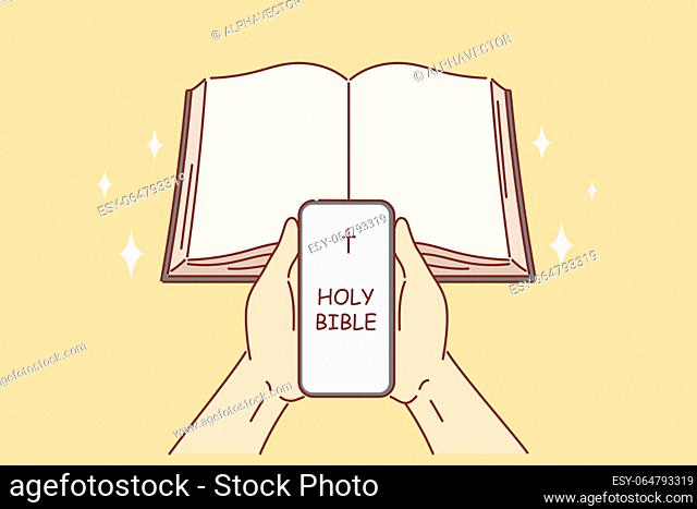 Holy bible in phone of religious person and near book symbolizing digital applications for christians and catholics. Praying hands with holy bible online for...