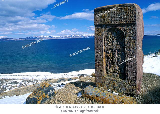 'Khachkars' and Lake Sevan, Hayravank. Armenia