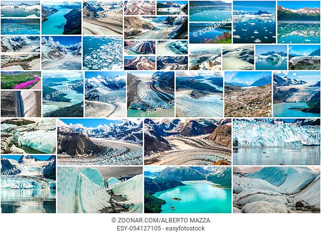 Glaciers picture collage of different famous National Parks of Alaska including Denali, Wrangell St. Elias, Kenai Fjords, Matanuska Glacier and Glacier Bay
