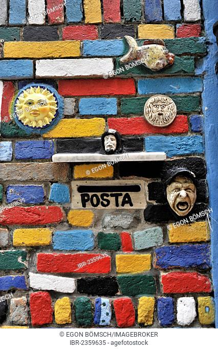 Entrance to a house, postbox, colourful facade, island of Burano, Venice, Veneto, Italy, Europe