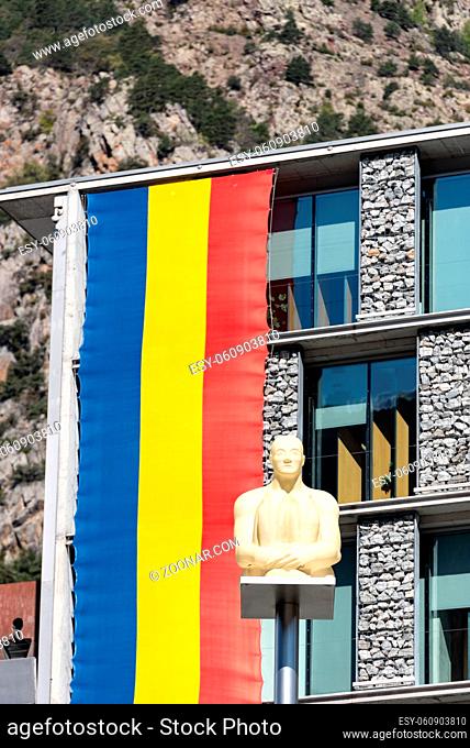 Andorra. Andorra La Vella. 29 April 2020. Sculpture on the square in front of government building in sunny day