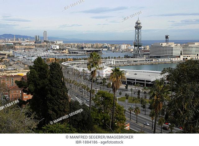 Overlooking Maremagnum and the coast of Barcelona, Spain, Europe
