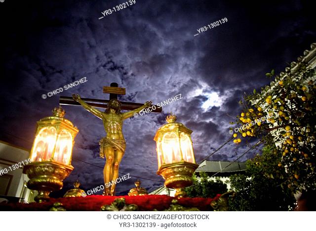 Statue of the Christ of Good Death during a Holy Week procession in the town of Prado del Rey in Cadiz Province, Southern Spain