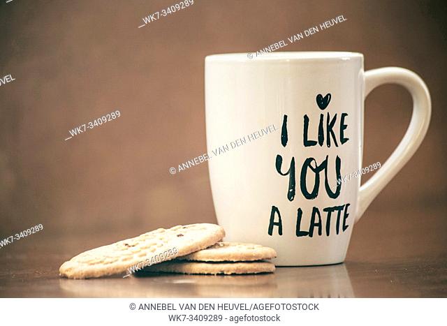 Coffee latte and cookies with white mug and the text i like you a latte , cappuccino