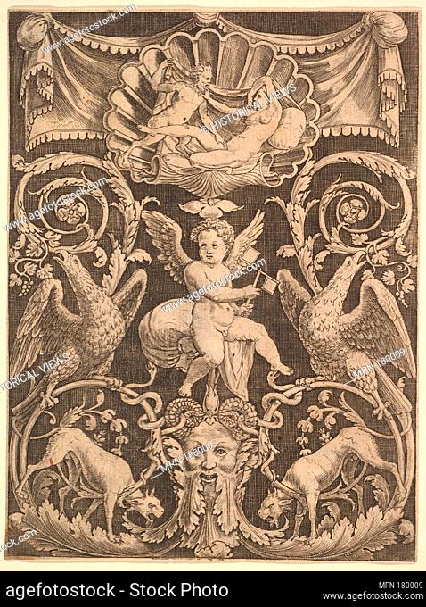 A panel of ornament with a putto in the centre holding a windmill. Artist: Master of the Die (Italian, active Rome, ca. 1530-60); Artist: After Perino del Vaga...