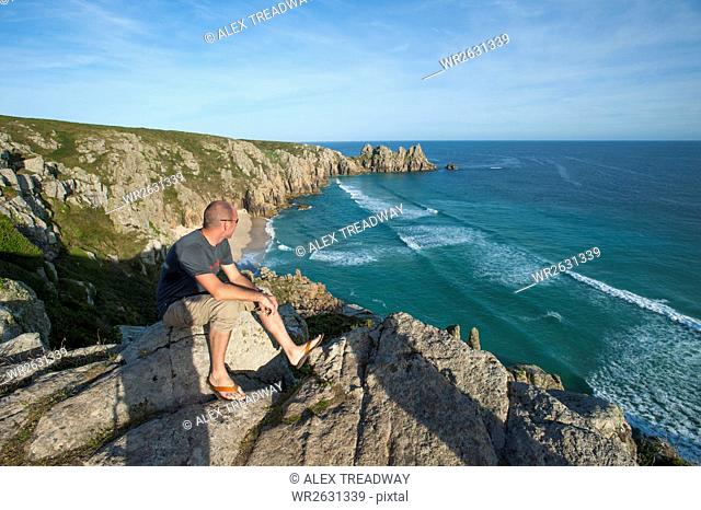 Looking over Treen Beach, Cornwall, England, United Kingdom, Europe