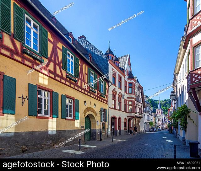 Bacharach, Town Hall, Old Town, street Mainzer Straße, half-timbered houses in Rheintal, Rhineland-Palatinate, Germany