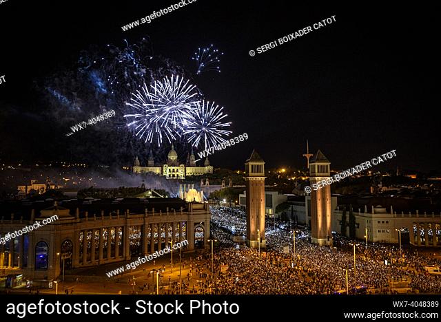 Pyromusical and fireworks of La Mercè 2022 on Maria Cristina avenue in Barcelona (Catalonia, Spain)